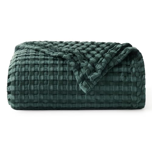 Image of Bedsure Cooling Cotton Waffle Weave Throw Blanket - Lightweight Breathable Blanket of Rayon Derived from Bamboo for Hot Sleepers, Luxury Throws for Bed, Couch and Sofa, Dark Green, 50x70 Inches