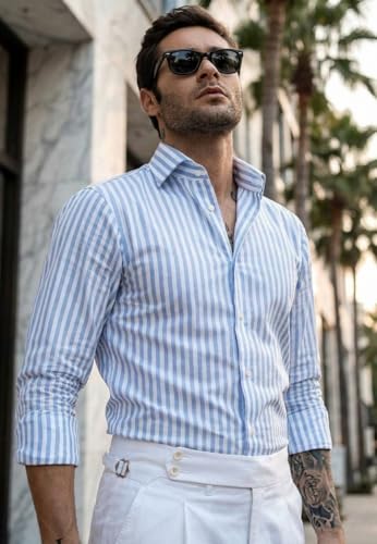 Image of IndoPrimo Men's Striped Shirt | Premium Slim Fit Full Sleeve Formal Casual Shirt | Button-Down Cotton Shirt for Office