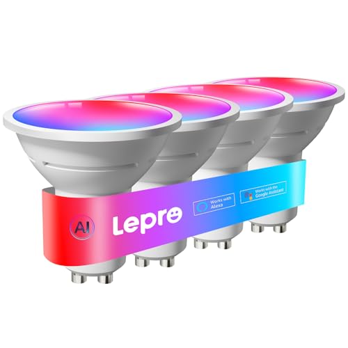 Lepro BG1 AI Bombilla LED WiFi GU10, Fonciona con Alexa y Google Assistant, Muilticolor RGBCW, Sincronización Música, Bombilla GU10 Control de Voz, Diseñador de Iluminación AI Personalizado, 4 PCS