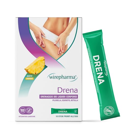 WIREPHARMA - Drena 10 Stick da Diluire: Drenante Forte e Diuretico Naturale con Estratti Titolati di Pilosella, Equiseto e Betulla, Anticellulite, Gambe Leggere e Ventre Piatto, Senza Edulcoranti