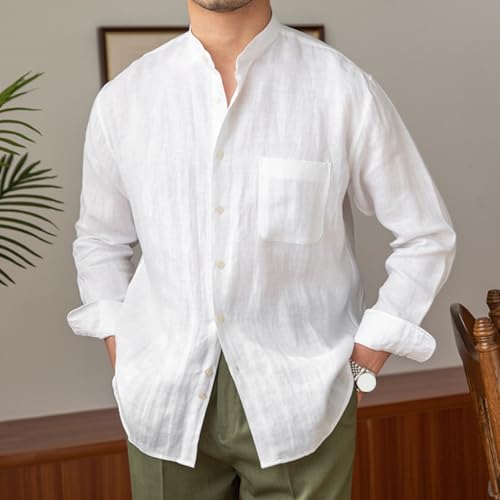 Camisa casual con botones para hombre, manga larga, color sólido, poliéster transpirable, cuello alto, para viajes y uso diario (XL blanco)