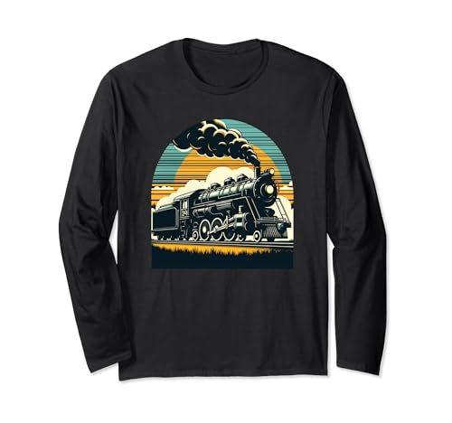 Vintage Steam Engine Train Locomotive Cool Sunset Railroad Long Sleeve T-Shirt