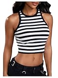 SweatyRocks Women's Striped Crop Tank Tops Sleeveless Crewneck Ribbed Fitted Tops Black White Small