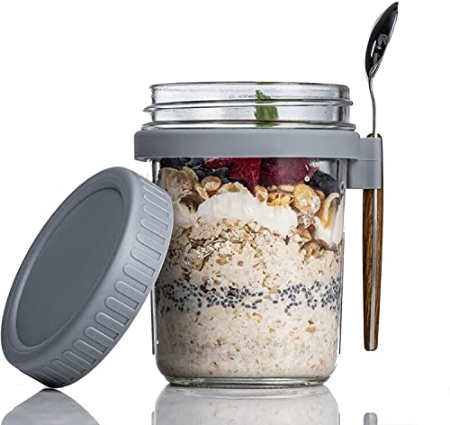 Overnight Oats Jars with Lids,Taxually 350 ml Tazza in Vetro con Coperchio,Breakfast Jar, Yoghurt Container, Cereal Cup On the Go Portatile con Cucchiaio per il Lavoro, La Scuola, L'asilo Nido