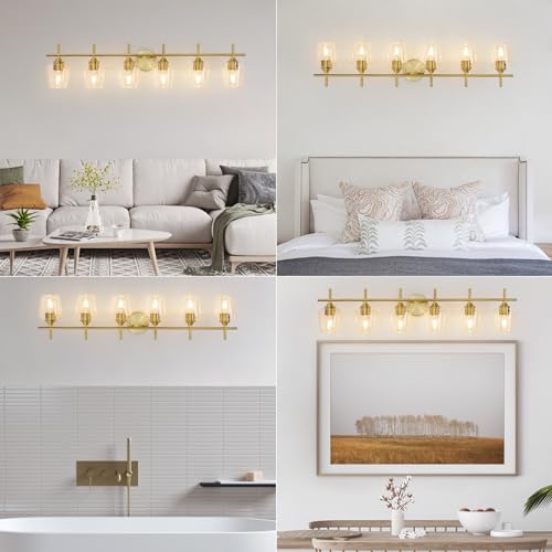 Image of foucasal Bathroom Vanity Light Fixtures, Bathroom 6-Lights Over Mirror Modern Vanity Lighting with Clear Wine Glass Shade Wall Lamp for Bedroom Hallway Living Room (Gold, 6-Light)