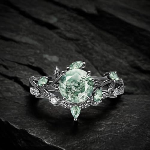 Round Cut Moss Agate Engagement Ring Set for Women 1.5Ct Natural Moss Agate Wedding Ring Set Sterling Silver 10K 14K 18K Gold Bridal Rings Set Size 4-122