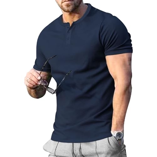 Zylphorix Men Short Sleeve Exercise Henry Shirt Round Collar Fashion Sport T Shirts Summer Slim Outdoor Daily Pullover (Dark Blue,3X-Large)