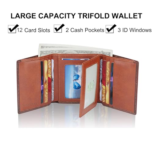 VANNANBA Men's Leather Trifold Wallet with Folded ID Windows,12 Card Slots & 2 Note pockets,Brown Wallet for Men RFID Blocking Waterproof Wallets for Men2