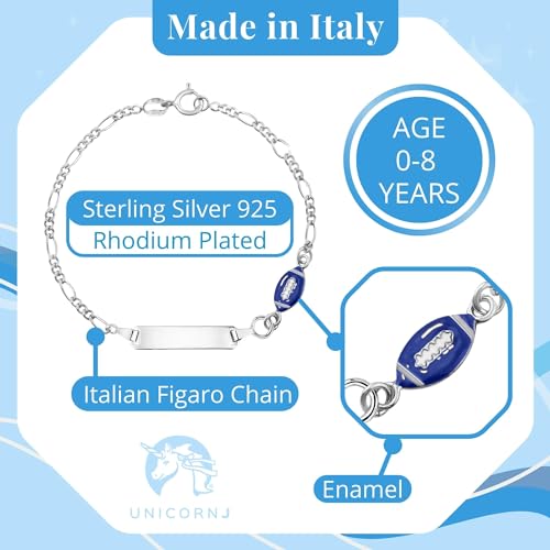 Unicornj Sterling Silver 925 Engravable Id Bracelet Figaro Chain For Girls Boys Sports Football With Blue Enamel 6.5 Inch thumb #1