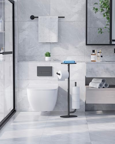 Kitsure Toilettenpapierhalter - Geräumiger Klopapierhalter Für 4 Rollen, Rostfreier Praktischer Klorollenhalter Mit Ablage Für Handy & Kleine Gegenstände, Schwarz, 23,2 x 14,8 x 70,0 cm