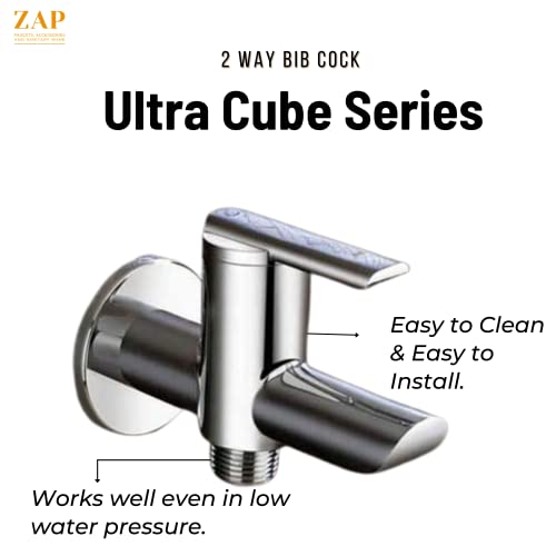 Image of Zap Ultra Cube Series Brass 2 Way Bib Cock with Wall Flange for Home, Kitchen and Bathroom
