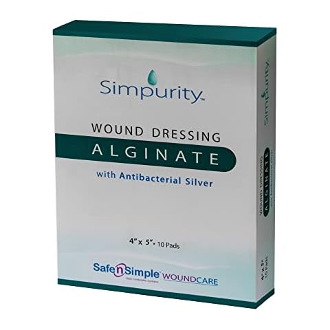 Simpurity Alginate Wound Dressing First Aid with Antimicrobial Silver, 4" x 5", Box of 10 - Calcium Alginate Dressing Cover
