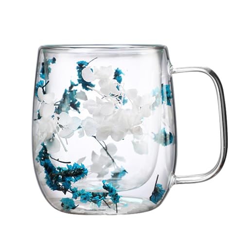 Tazas Té de Vidrio - Flores Secas Tazas Café Vidrio de Doble Pared - Decoraciones Flores Secas Atemporales,Aislada Resistente Al Calor para Mejor Amiga,profesora,mamá,regalo para El Hogar(250/390 Ml)
