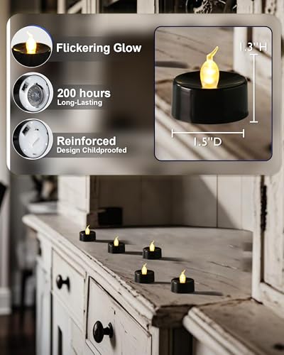 Image of Amagic 30 Pcs Black Flickering Flameless Tea Lights Battery Operated, LED Holiday Fake Candles, 200+ Hours Long Lasting Colored Candle for Halloween, Pumpkin, Ofrenda, Christmas, Party, Home Decor