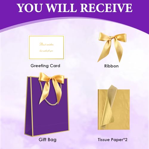 Image of JMANNI 1PCS Large Gift Bag with Ribbon and 1 Greeting Card 2 Tissue Papers, Portable Paper Gift Bag with Handles, Birthday Present Bags for Wedding Party,Mother's Day 12.6 inch x 9.8 inch x 3.9 inch(purple gold)