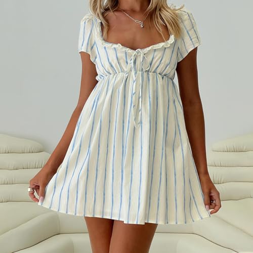 Image of Women Y2k Puff Sleeve Babydoll Dresses Square Neck Tie Back Mini Dress Summer Solid Off Shoulder Flowy Sundress