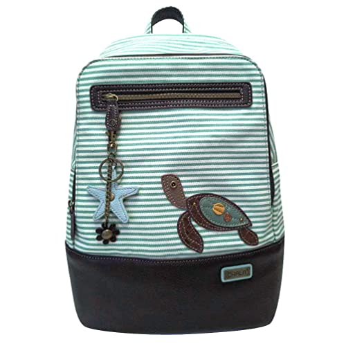 Chala New Deluxe Striped Multipurpose-Backpacks With Detachable Key Charm, Fit Up To 14" Laptop For Adult (Teal Stripe_ Sea Turtle) #TOP16