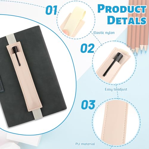 Image of 2 PCS Pen Holder for Notebook, Beige Pen Sleeve Pouch with Elastic Band, PU Leather Pencil Holder Loop for Journal Office Books School