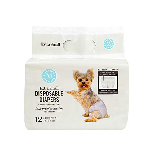 MARTHA STEWART for Pets Female Dog Diapers | Disposable Female Dog Diapers Size X-Small 12"-15" Waist | 12 Pack Disposable Dog Diapers for Female Dogs, Leakproof and Absorbent Female Dog Diapers