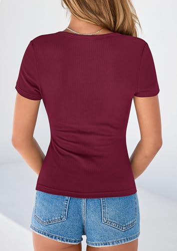 PRETTYGARDEN Womens Short Sleeve Henley Shirts 2026 Summer Trendy Ribbed Tops Fitted V Neck Button Up T Shirts Spring Blouses (Burgundy,XX-Large) — view 4