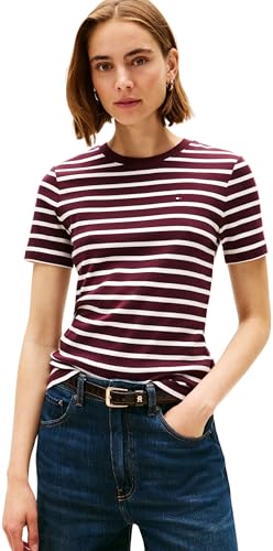 Tommy Hilfiger Damen T-Shirt Kurzarm Slim Cody Rundhalsausschnitt, Mehrfarbig (Deep Burgundy/Ecru STP), XS – Ansicht 1