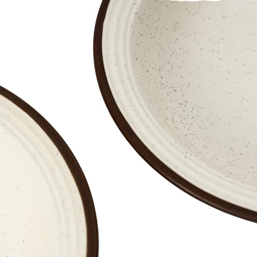 Image of Beyond Homes Ceramic Pasta Plates Shallow, 18cm, Set of 4, White Brown | Matte Finish Ceramic Pasta Bowl | Flat Stoneware Pasta and Maggie Bowl | Chip-Resistant | Microwave Safe; (4, White Brown Rim)