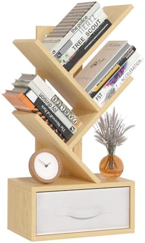 Small Book Shelf with Drawer,4 Tier Black Tree Bookshelf,Wooden Desktop Bookcase,Modern Desk Display Storage Bookshelves,Floor Standing Organizer Bookcases for Living Room,Bedroom,Office