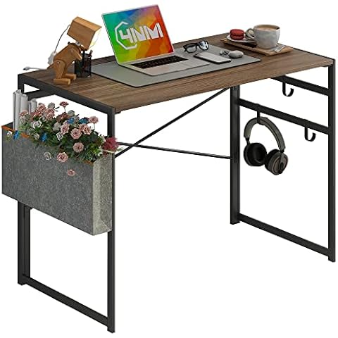 4NM 39.4" Small Desk with Storage Bag and Hook Folding Computer Desk Home Office Desk Study Writing Table for Small Space Offices - Brown and Black Cover