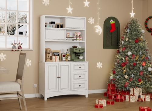 BLANKSPACE 71" Tall Kitchen Pantry Cabinet with Microwave Shelf Built-in Charging Station, Sliding Door Cabinet with Drawer Storage Organizer/Adjustable Shelves for Dining Room, Living Room