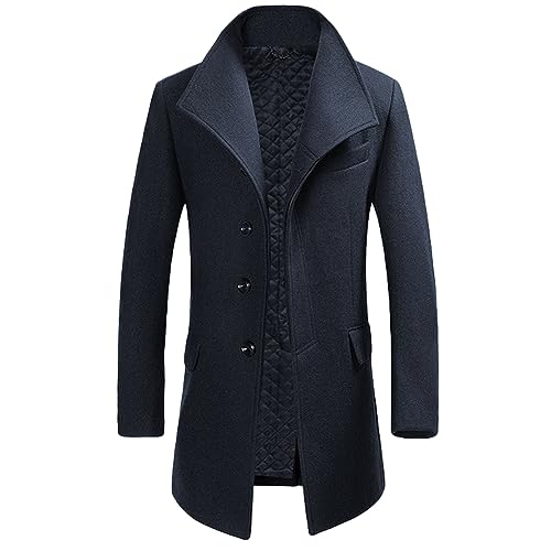 Allthemen Wintermantel Mantel Herren Lang Slim Fit Herrenmantel Winter Schwarz Business Mantel Herren Wolle Wollmantel Dunkelblau L