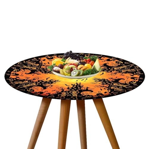 Round Fitted Tablecloth - 110x110cm Waterproof Elastic Pumpkin Skull Bat Pattern Reusable Cover, Stretch Table Protector | Holid