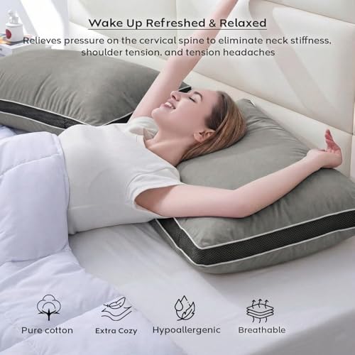 Image of AYKA Super Soft Microfiber Bed Pillow | Virgin Fiber Filled Plush Pillow | Adequate Firmness & Neck Support | Hypoallergenic, Washable | Ideal for Side, Back & Stomach Sleepers | Grey | Pack of 4