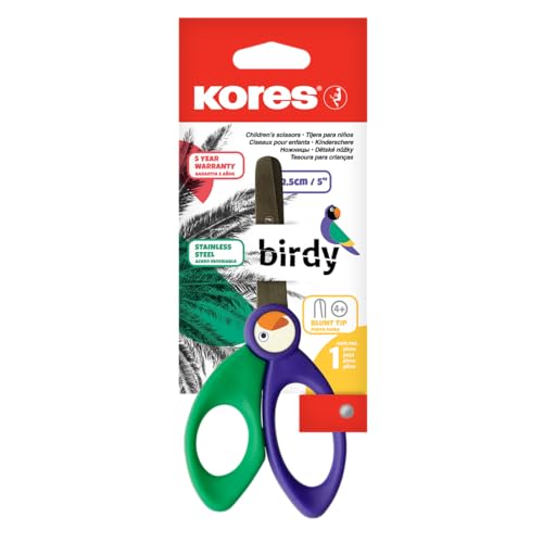 KORES Kinderbastelschere Birdy in lustigem farbenfrohem Design, ab 4 Jahren, für Rechts- und Linkshänder mit abgerundeter Kinge