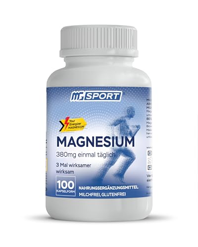 MGSPORT Magnesium Kapseln hochdosiert 100 Stk. - 380 mg elementares Magnesium pro Tagesdosis, Mit Vitamin Komplex aus B6, E und D, Eine Tablette vor dem Schlafen