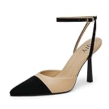 QIY Nude Heels for Women Closed Pointed Toe Cap Toe Two Tone Heels Slingback Kitten Nude and Black Ankle Strap Stiletto High Heel Dress Shoes Women Pumps Size 8.5