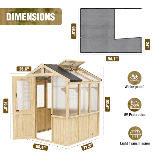 Image of EAGLE PEAK 6.7x6x7.7 ft Wood and Polycarbonate Walk-in Greenhouse, Cedar Hobby Green House with Roof Vent, Mesh Cover Included, Natural