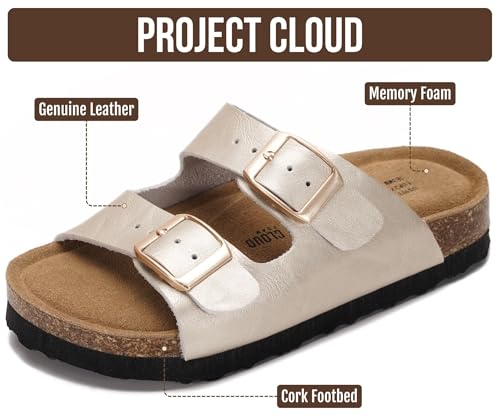Image of Project Cloud Kids Sandals 100% Genuine Leather - Natural Cork Footbed Non-Slip Slides for Kids - Lightweight Boys & Girls Sandals - Water-Resistant Girls & Boys Sandals