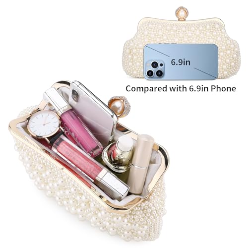 Image of UBORSE Women Pearl Clutch Bag Noble Crystal Beaded Evening Bag Wedding Clutch with Pearl Chain