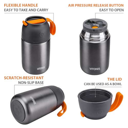 VITONIS Thermobehälter für Essen 500ml + 700ml, mit faltbaren Löffeln, Edelstahl Warmhaltebox Thermo-Essensbehälter, BPA-frei, Grau – Ansicht 3