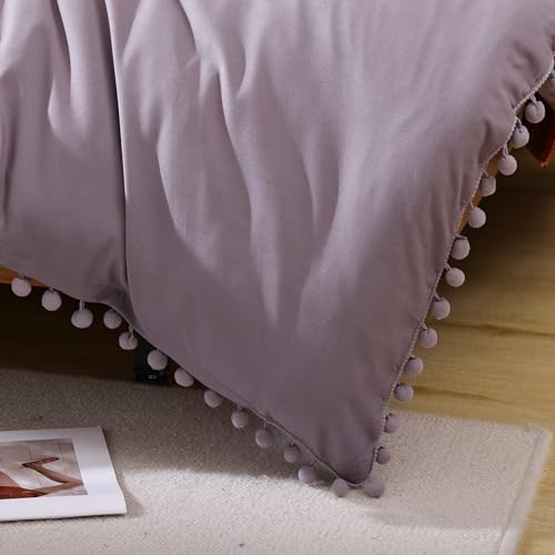 YIRDDEO Full Size Comforter Sets - Full Size Comforter with Ball Pom Fringe, Soft Bedding Set for All Seasons - 3 Pieces, 1 Comforter (79"x90") & 2 Pillow Shams(20"x26"), Dusty Purple