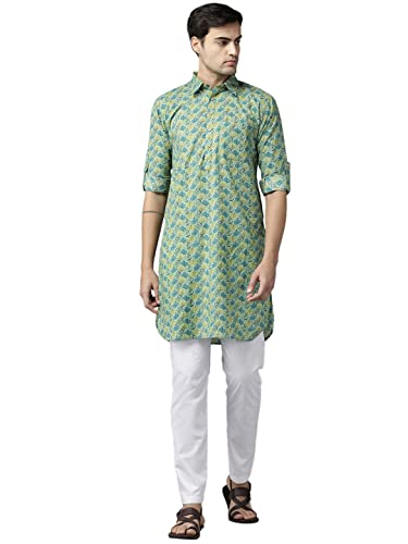 See Designs Men's Green Regular Pure Cotton Pathani Printed Men's Kurta - Sdpkt_1143S