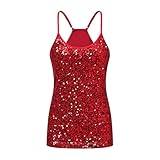 OThread & Co. Women's Glitter Sequin Camisole Top Night Out Party Spaghetti Strap Tank Top (Small, Red)