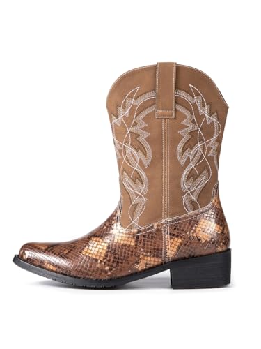 Image of Python Manning Men's Boots Cowboy for Men Classic Pointed Toe Western Pull Up Snakeskin Embroidered Mid-Calf Boots