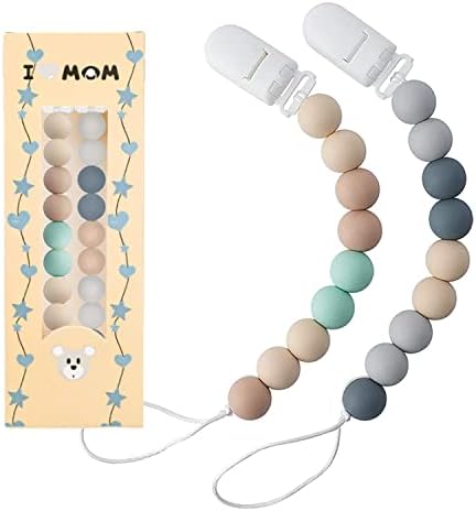 Pacifier Clip Teether Toy,Baby Pacifier Holder Clip,2 Packaging Silicone Pacifier Bracket with Beaded Design,Silicone Pacifier Clip for Baby Teething Toy (Gray + Mint Green)