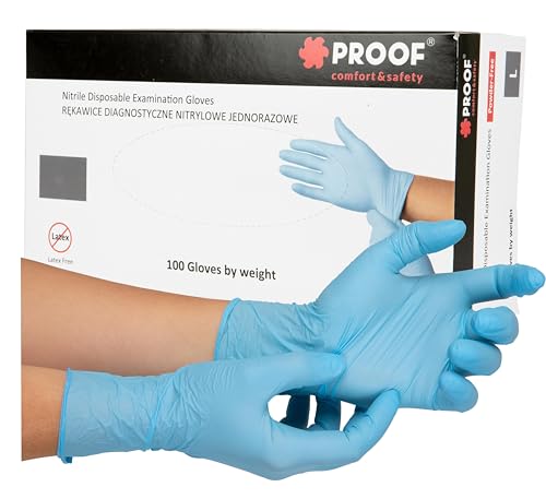 PROOF COMFORT SAFETY - Guantes Desechables Estériles en Azul, de Nitrilo, sin Polvo, sin Látex - Paquete de 100 Unidades, Talla L9