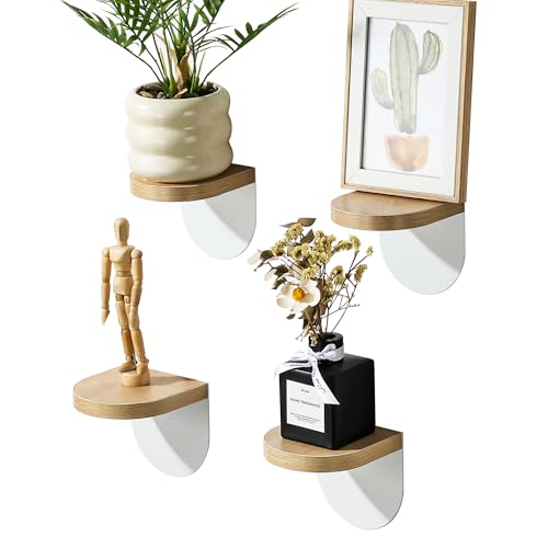 SAYAYO Lot de 4 Petites Etagere Murale Blanche, Tablettes Flottantes en Bois avec Piètement en Métal pour Petits Objets, Tablette Murale de Décoration...