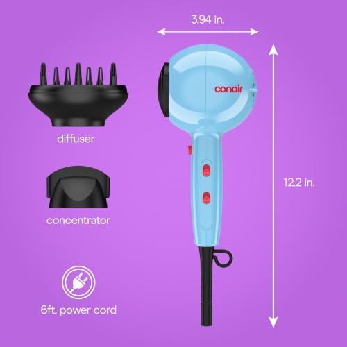 Image of Conair Cake Pop Hair Dryer with Diffuser & Concentrator Attachments, Blow Dryer, Hair Dryers for Women, Tourmaline Ceramic Technology, 3 Heat /2 Speed Settings, Compact Hair Dryer w /Concentrator, Blue
