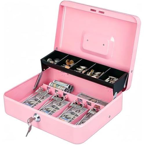 KYODOLED Locking Cash Box with Lock, Money Box with Cash Tray,Lock Safe Box with Key, Money Saving Organizer, 11.81Lx 9.45Wx 3.54H Inches, Pink XL Large