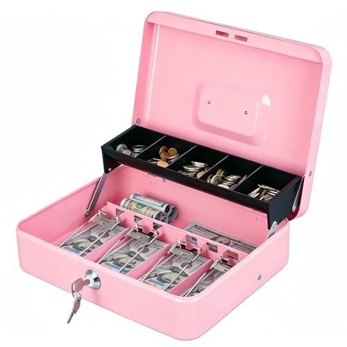 Image of KYODOLED Locking Cash Box with Lock, Money Box with Cash Tray,Lock Safe Box with Key, Money Saving Organizer, 11.81Lx 9.45Wx 3.54H Inches, Pink XL Large