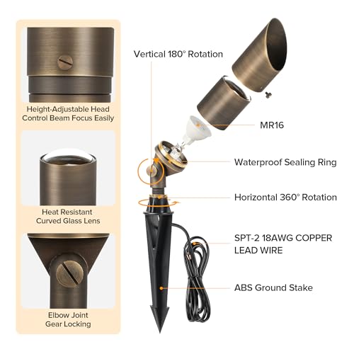 Image of LUTEC Solid Brass Low Voltage Landscape Lighting, 12V Heavy Duty Waterproof Landscape Spotlights, Adjustable Bronze Uplights Outdoor Fixtures for Garden Yard Pathway Tree with MR16 Bulb